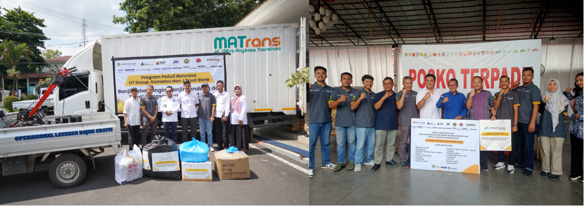 Symbolic handover of aid by representatives of United Tractors, J-Trust Bank, and Komatsu Indonesia.