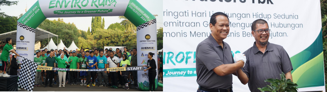 Penyelenggaraan Enviro Run 2024 yang dilakukan di UT Head Office, Jakarta (foto kiri). Simbolis penanaman pohon yang dilakukan oleh manajemen dan serikat pekerja UT yang berlokasi di Lereng Gunung Arjuna, Kota Batu, Malang, Jawa Timur.