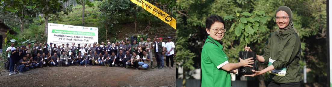 Foto bersama manajemen dan serikat pekerja UT setelah melakukan seremonial penanaman pohon Lereng Gunung Arjuna, Kota Batu, Malang, Jawa Timur (foto kiri). Simbolis penyerahan bibit pohon yang dilakukan di UT Head Office, Jakarta.