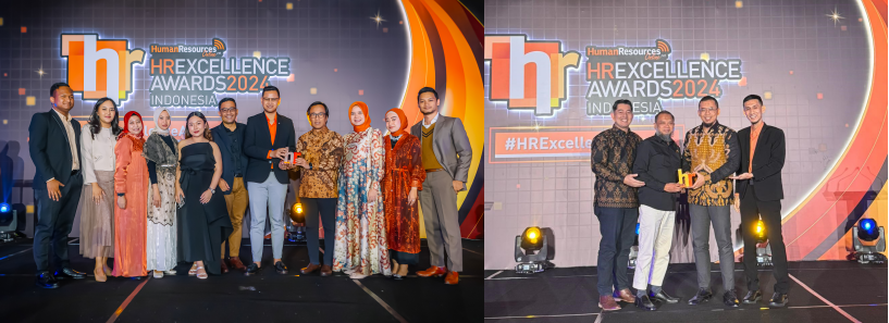 Bina Pertiwi takes a group photo after receiving the 2024 HR Excellence Awards Indonesia (left photo). PAMA takes a group photo after receiving the 2024 HR Excellence Awards Indonesia (right photo).