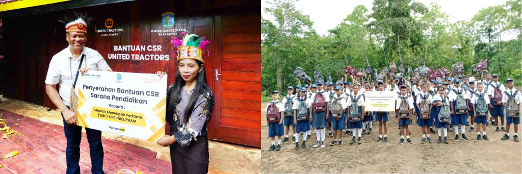 Human Capital and Sustainability Director UT, Edhie Sarwono, hands over UT CSR assistance in education to Femy Tololiu, Principal of YPK Pniel Paam Junior High School (left). Students in junior high school are receiving UT education assistance (right).