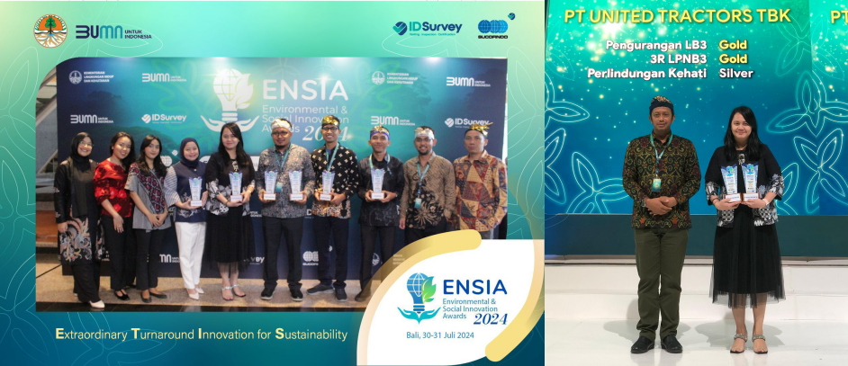 Foto bersama Grup UT yang berhasil meraih penghargaan ENSIA Award 2024 (foto kiri). Penyerahan penghargaan yang diberikan oleh Direktur sucofindo, Budi Utomo kepada Environment, Health, and Safety Department Head United Tractors, Erika Pratiwi (foto kanan).