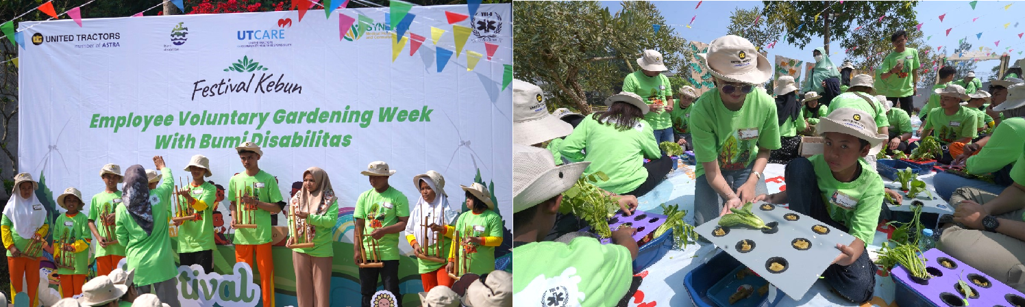 Penampilan pertunjukan angklung dari Yayasan Bumi Disabilitas (foto kiri). Pelaksanaan kegiatan belajar berkebun dalam acara Employee Voluntary Gardening Week with Bumi Disabilitas (foto kanan).