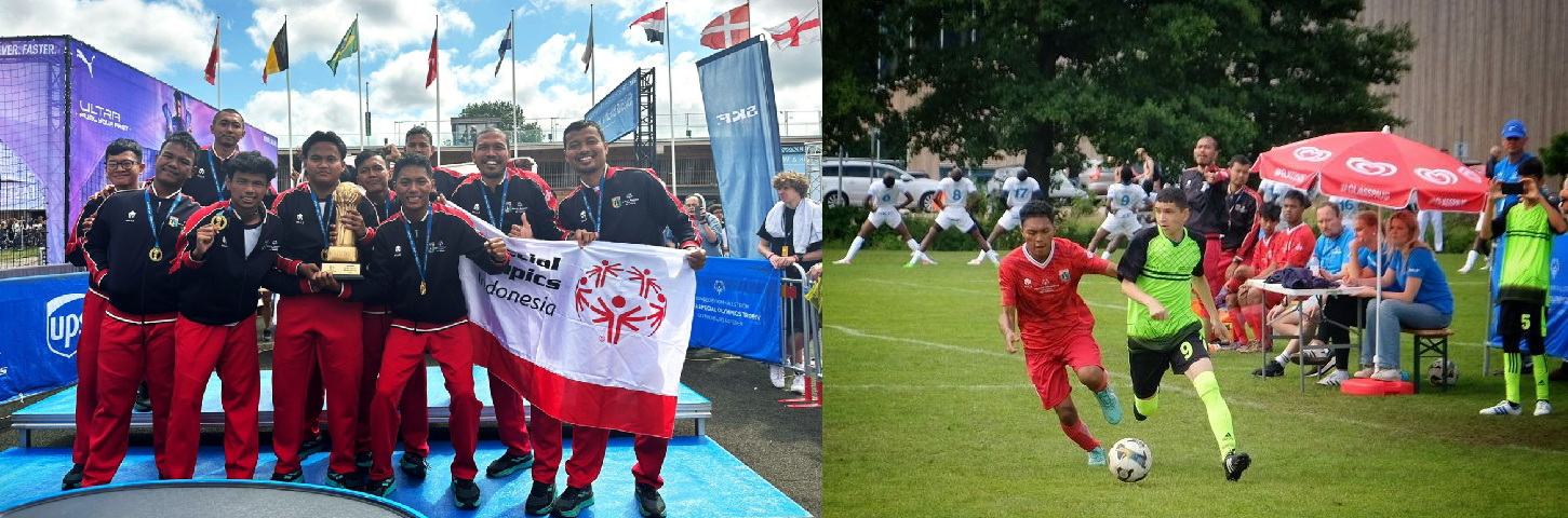 United Tractors-fostered athletes from SOIna DKI Jakarta have secured first place at the 2024 Gothia Special Olympics Trophy (left). A football match between the Indonesian SOIna team and the Turkmenistan team (right).