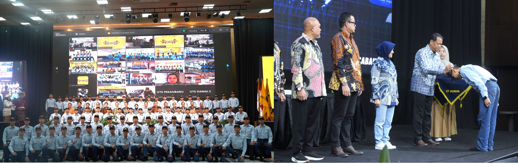 A group photo of UT School Batch 33 graduates with United Tractors and UT School management (left). Human Capital & Sustainability Director UT, Edhie Sarwono conducts the graduation cap pinning ceremony (right).