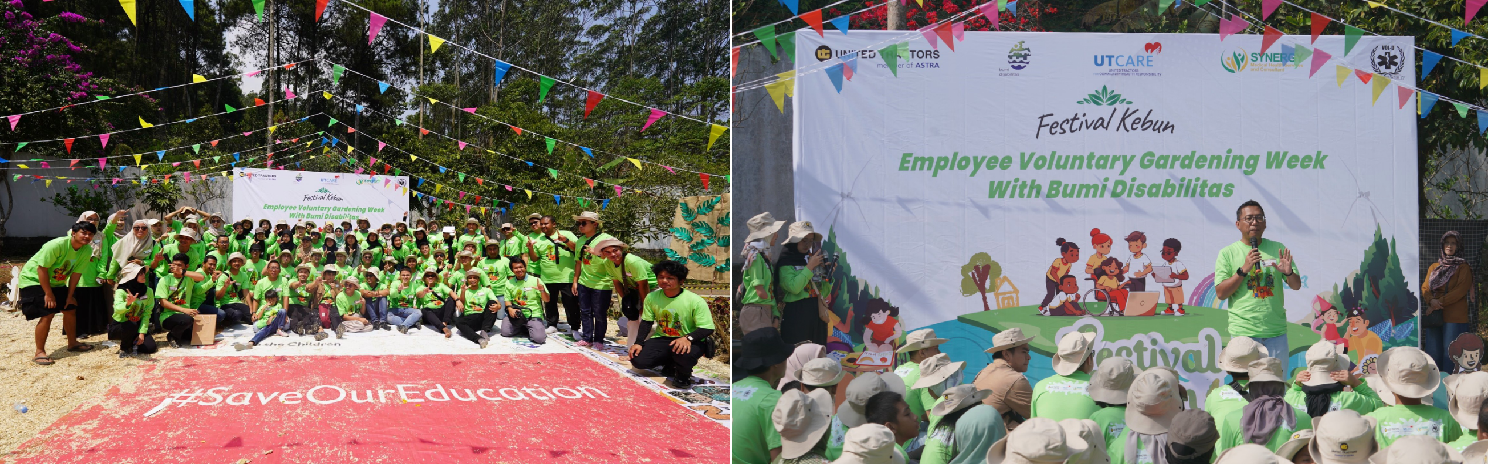 Group photo (left photo) and speech by United Tractors Corporate Social Responsibility (CSR) Manager, Himawan Sutanto, during the Employee Voluntary Gardening Week with Bumi Disabilitas at Villa PSJ, Cimaung, Bandung (right photo).