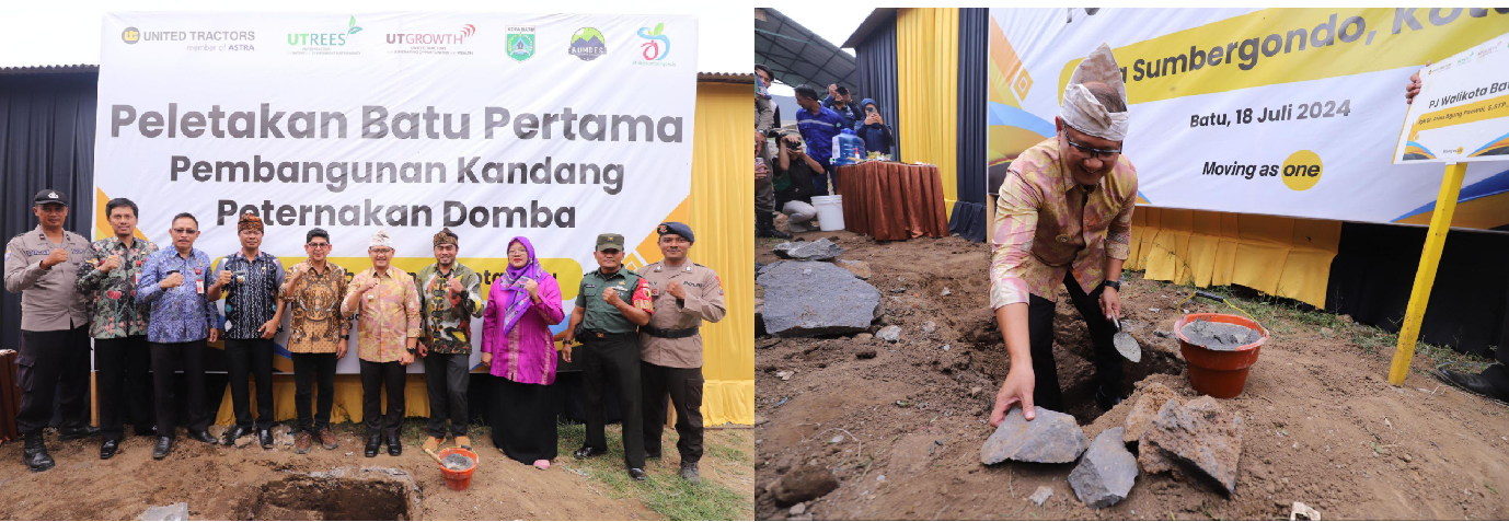 The group photo of United Tractors representatives and Batu City Government officials at the sheep farm construction area in Sumbergondo Village (left). The groundbreaking ceremony was led by the Acting Mayor of Batu City, Aries Agung Paewai (right).