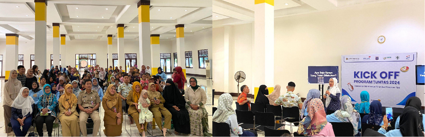 Implementing the Kick-Off event of the TUNTAS program at the Al-Furqaan mosque, United Tractors, Jakarta (left photo). Presentation of stunting material by a pediatrician, dr. Nur Melani Sari, Sp.A. M.Kes. (right photo).