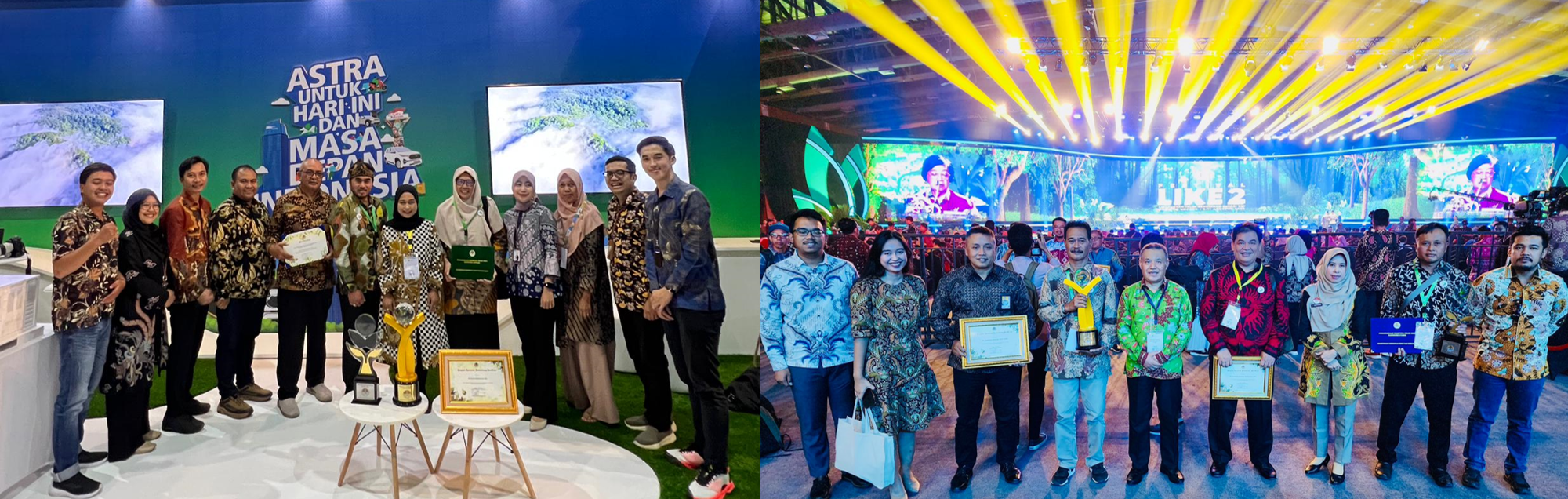 A group photo of United Tractors representatives and the village of Sumbergondo after receiving the 2024 Proklim Utama Award. (left). Corporate Social Responsibility and General Services Division Head PAMA, TH Puguh Sasetyo, receives the Proklim Supporting Company award from the Minister of Environment and Forestry, Siti Nurbaya, at the Jakarta Convention Center (right).