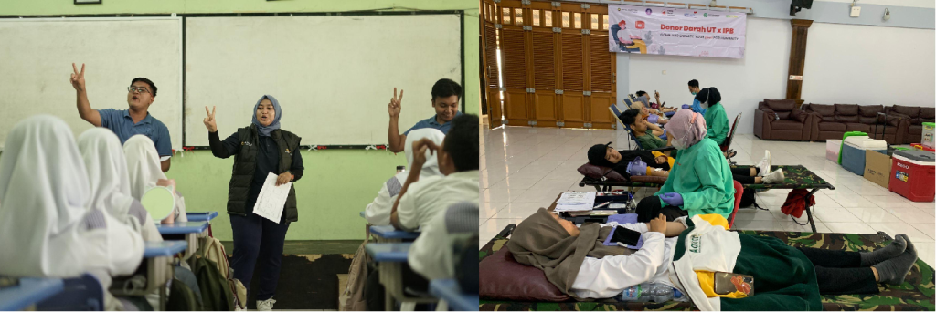 The implementation of ESR Sharing Knowledge activities at Kornita IPB High School (left photo). United Tractors held a blood donation activity at IPB (right photo).