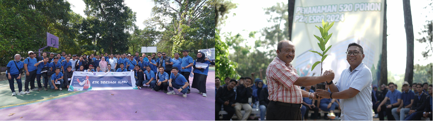 The representatives from ESR branches and sites across Indonesia engaged in voluntary work with employees (left photo). CSR Manager UT, Himawan Sutanto, symbolically handed out tree seedlings to the Head of the Department of Forest Resources Conservation and Ecotourism, Faculty of Forestry and Environment, IPB, Dr. Ir. Nyoto Santoso MS (right photo).