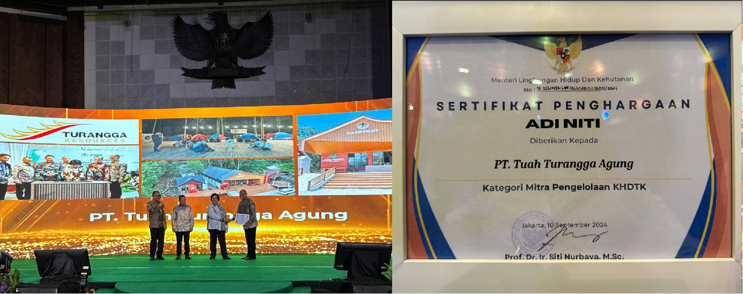 The Director of PT Tuah Turangga Agung (Turangga Resources), BJ Basuki, received the Adi Niti award from the Ministry of Environment and Forestry (KLHK) at the Manggala Wanabakti Building in Jakarta (left photo). Turangga Resources also received the Adi Niti award certificate (right photo).