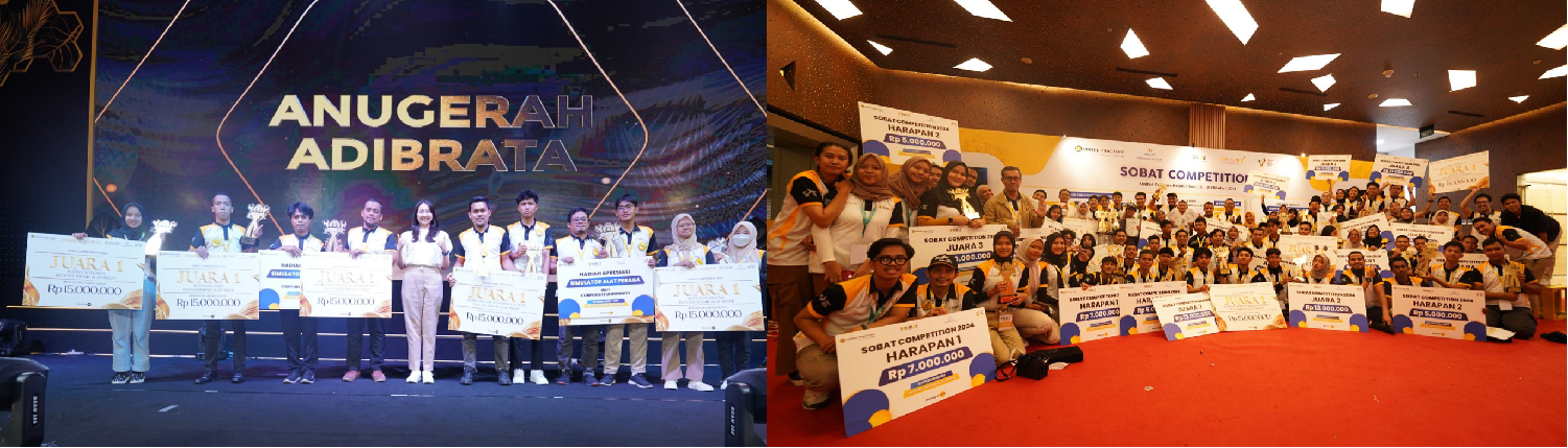 The prize’s handover symbolically by Vilihati Surya (Director of UT) to the winner of the 2024 SOBAT Competition (left photo). Group photo of the winner of the 2024  SOBAT Competition (right photo).