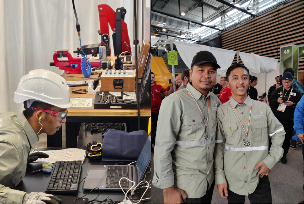 Reza Mahendra competing in the WorldSkills Competition (WSC) 2024 in Lyon, France (left photo). Reza Mahendra with TAB Expert, Joni Darling at WSC 2024 (right photo).