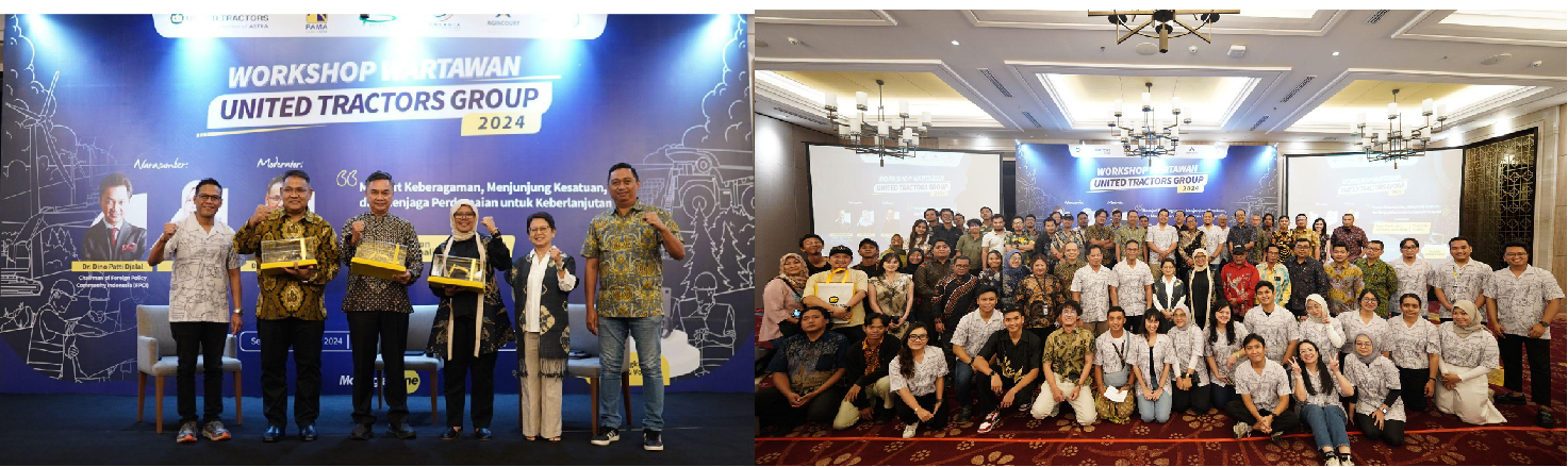 Group photo of speakers and management of United Tractors (UT) Group (left photo). Group photo of participants, speakers, and UT Group management in the 2024 UT Group Journalist Workshop (right photo).