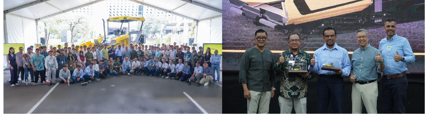 Group photo of United Tractors (UT) team, business partners, and customers at the BOMAG Asphalt Day 2024 event (left photo). Marketing and Technology Director UT, Loudy Irwanto Ellias; Kadiv Infra 1 Hakaaston, Yuni Purnomo; Managing Director Equipment PP Presisi Tbk, Ali Firdaus; Sales Director UT, Widjaja Kartika; and Regional Sales Manager Bomag Apac, Johannes Schroeder, at the BOMAG Asphalt Day 2024 event at the Grand Ballroom UT Head Office, Jakarta (right photo).