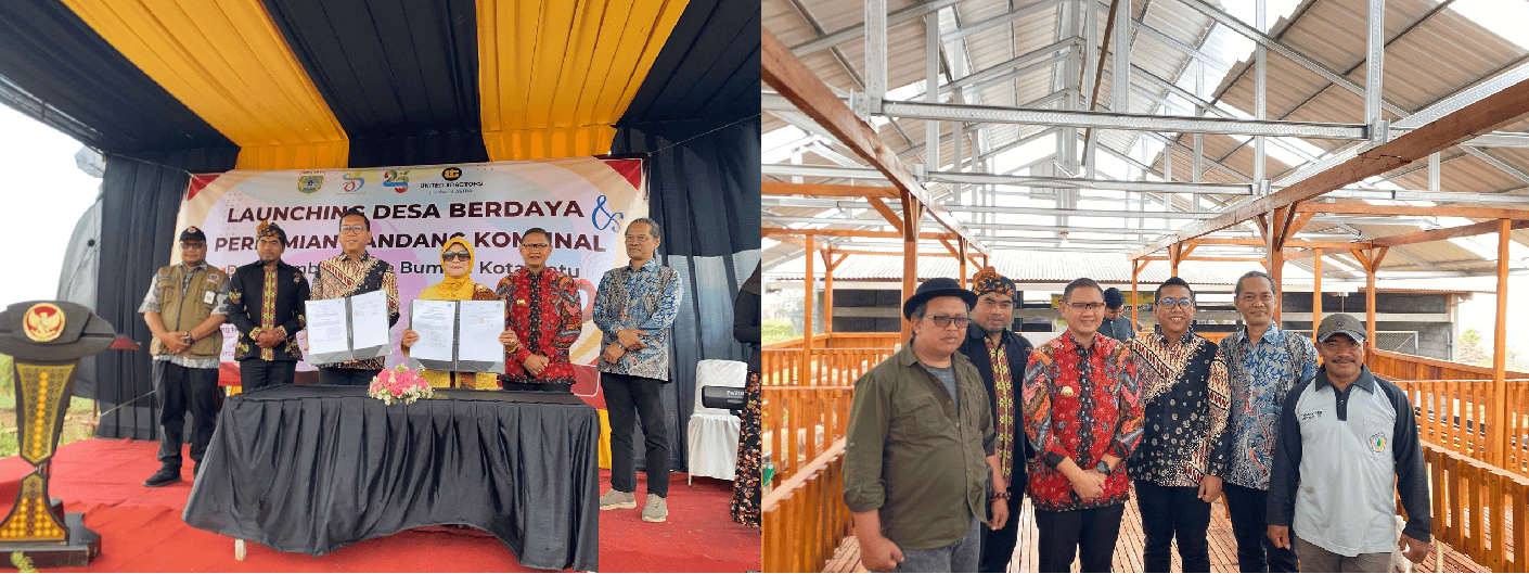 The inauguration of Empowered Village, UT Disaster Resilient Foster School (SOBAT TANGGUH), and Communal Sheep Farming Pen in Sumbergondo Village by Head of the Batu City Regional Disaster Management Agency (BPBD)  Agung Sedayu; CSR Manager UT, Himawan Sutanto; Principal of SDN 02 Sumbergondo, Aina Asmarani; Acting Mayor of Batu, Aries Agung Paewai, Acting Mayor of Batu; and representative of the Community and Village Empowerment Service (DPMD), Dhani S. Soetopo (right photo). Group photo during a visit to the Communal Sheep Farming Pen in Sumbergondo Village (left image).