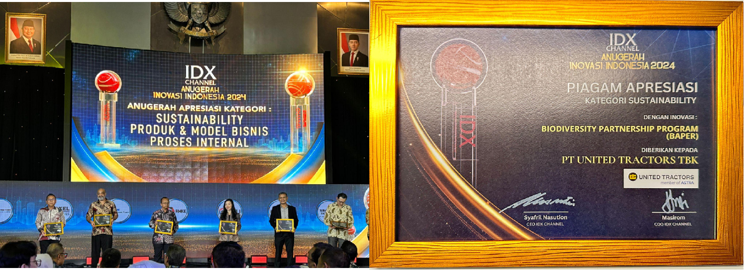 United Tractors was honored for its environmental conservation through corporate social responsibility (CSR) program, UTREES, at the IDX Channel Anugerah Inovasi Indonesia (ICAII) 2024 (left photo). The appreciation certificate for United Tractors in the Sustainability category of ICAII 2024 (right photo).