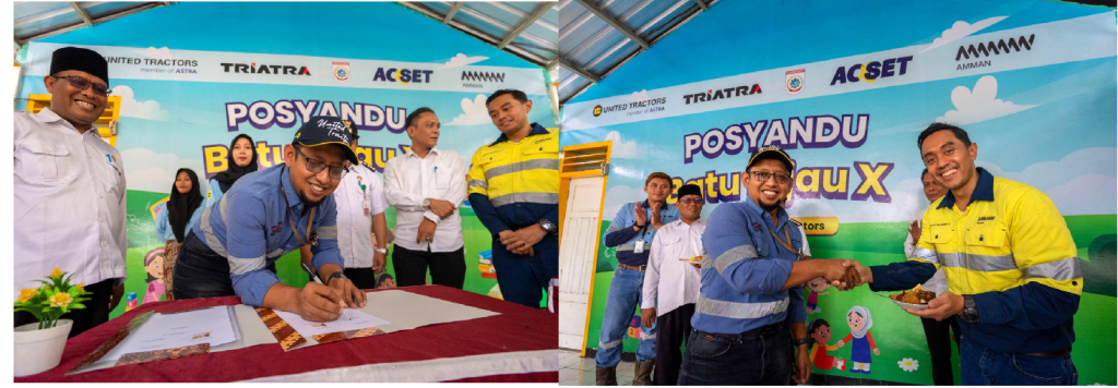 The signing of the collaboration between United Tractors (UT) and Batu Hijau X Health Post was conducted by UT Site Sumbawa Manager Agung Bektiawan (left photo). A group photo featuring Agung Bektiawan and AMMAN representatives during the inauguration and handover ceremony of the Batu Hijau X Health Post in Maluk (right photo).