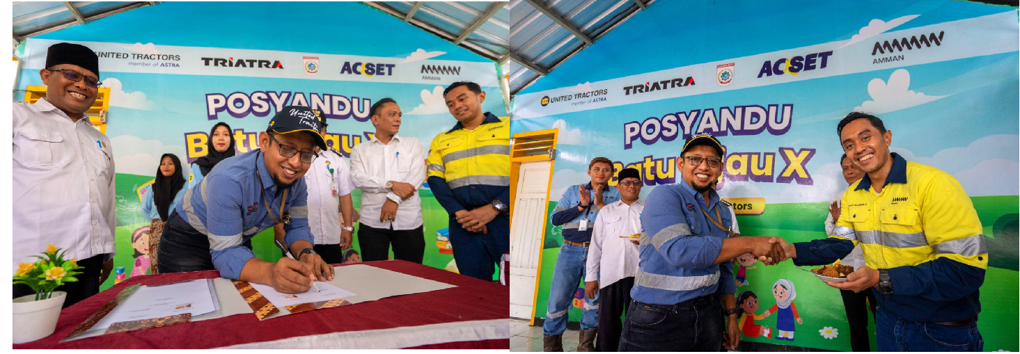 Penandatanganan kerja sama United Tractors (UT) dan Posyandu Batu Hijau X oleh Site Manager UT Site Sumbawa, Agung Bektiawan (foto kiri). Foto bersama Agung Bektiawan dan pihak AMMAN dalam acara Peresmian dan Serah Terima Bantuan Posyandu Batu Hijau X, Maluk (foto kanan). 