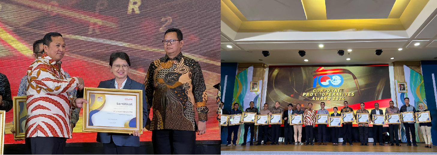 The Top 100 Corporate Care Cooperative Award 2024, received by United Tractors (UT), was presented to UT's Corporate Governance and Sustainability Head, Sara K. Loebis (left photo). Group photo with the recipients of the Top 100 Corporate Care Cooperative Award 2024 (right photo).