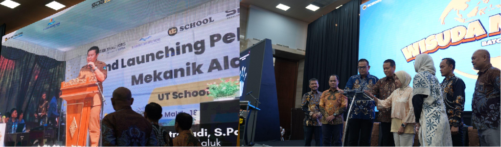 The opening video of the 23rd UTS learning point in Sumbawa, West Nusa Tenggara (left photo). Symbolic soft launch of the Heavy Equipment Operator Training in Merauke by the Supervisor, Head of YKBUT, and Director of UTS (right photo).