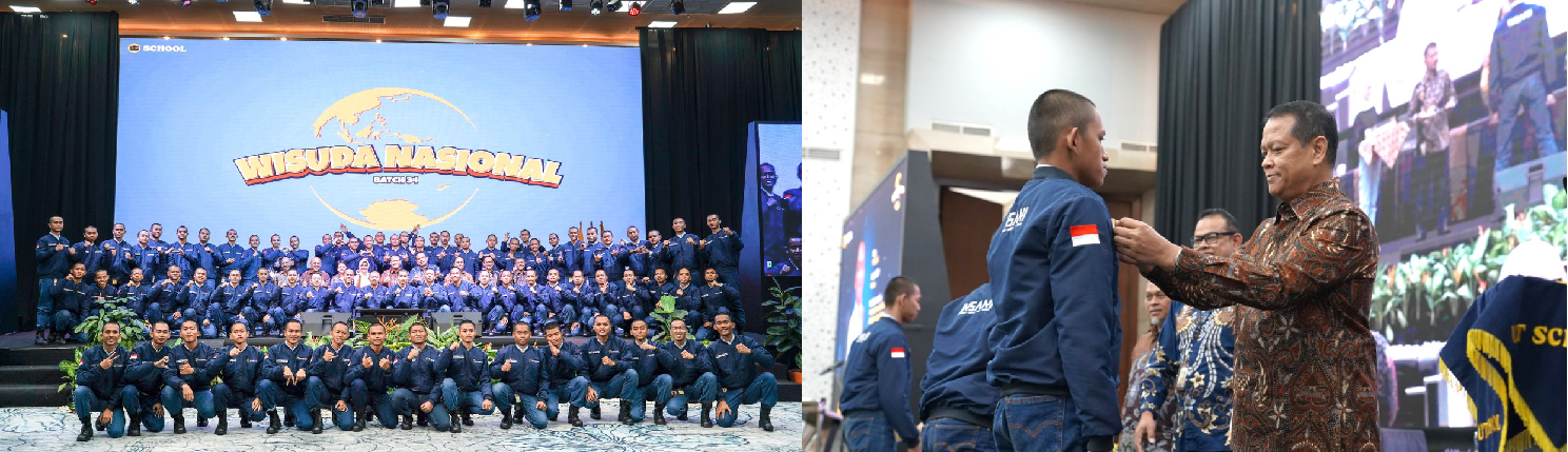 Group photo of UT School (UTS) graduates at the 34th National Graduation Ceremony in the Grand Ballroom of United Tractors (UT), Jakarta, with the UTS management team (left photo). Pinning ceremony for graduates by Edhie Sarwono, Director of Human Capital and Sustainability at UT (right photo).
