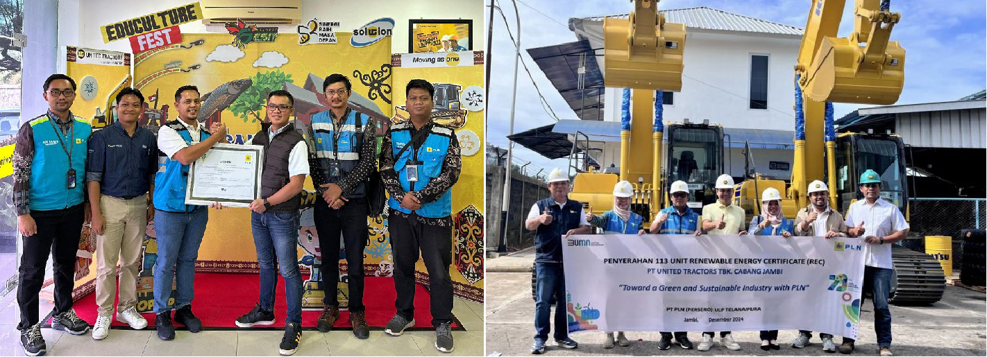 Penyerahan Renewable Energy Certificate (REC) kepada tim PT United Tractors Tbk (UT) Cabang Sampit (foto kiri) dan UT Cabang Jambi oleh PT Perusahaan Listrik Negara (PLN) (foto kanan). 