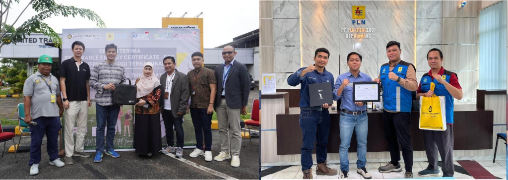 The handover of RECs to the UT Pontianak Branch team (left photo) and the UT Rantau Site team by PLN (right photo).