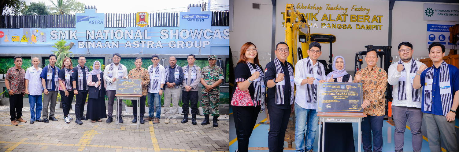 A group photo of United Tractors, Astra, and SMK Bina Bangsa Dampit after signing the Memorandum of Understanding (MoU) for the National Showcase SMK status.